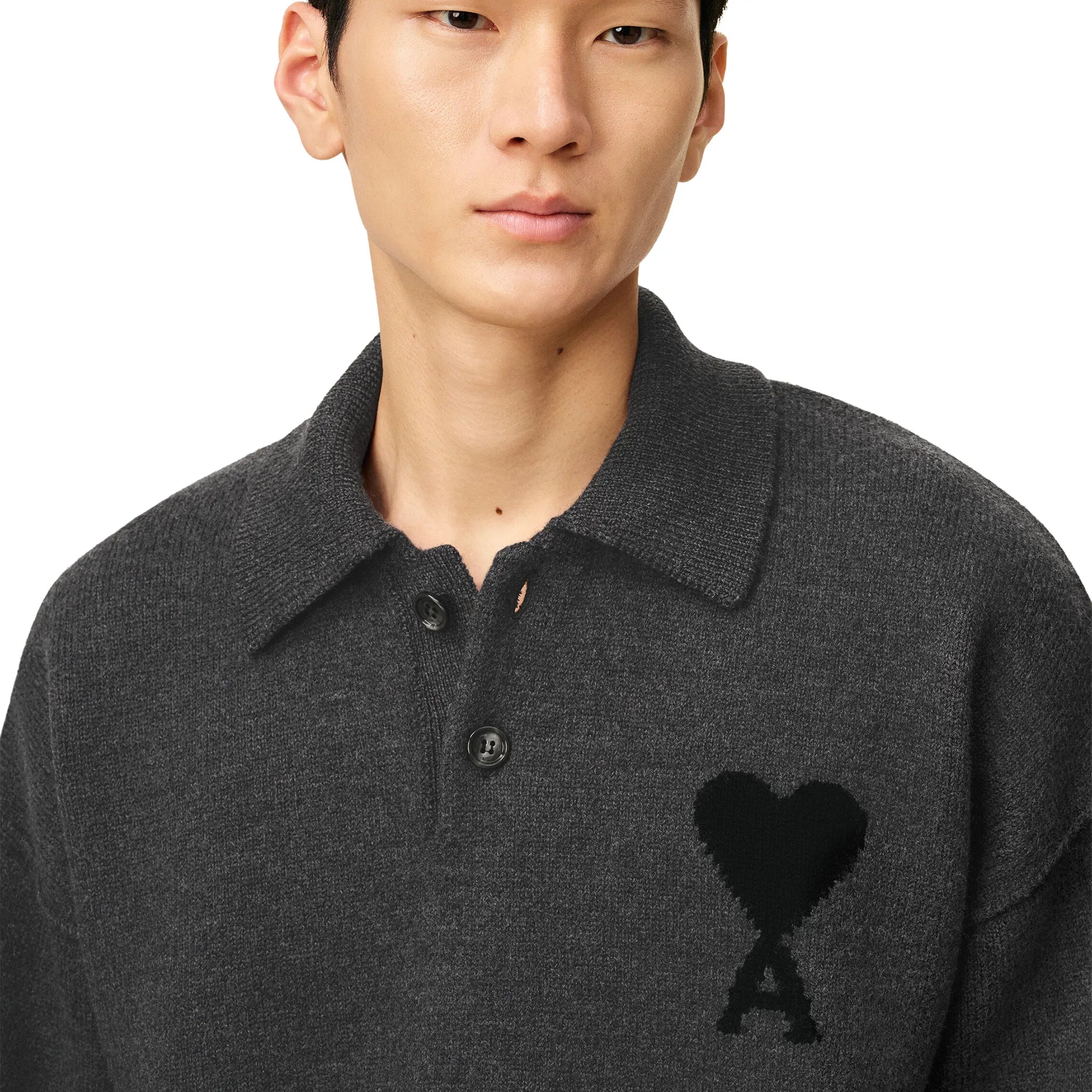 Detailed View of Ami Paris Ami De Coeur Wool Heather Grey Black Polo Sweatshirt UPL409018-0504